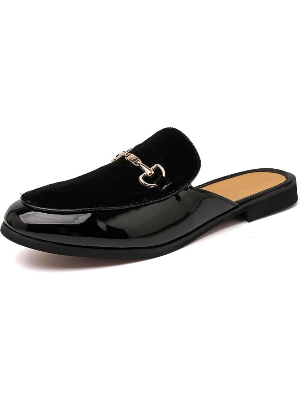 Men's Black Rubber Velvet Patent Leather Gold Buckle Slip On Loafer Slippers